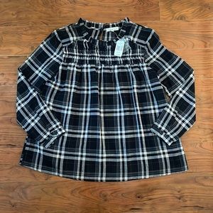 NWT Black and Cream Plaid Ruffle Ruched Long Sleeve Blouse Shirt Top